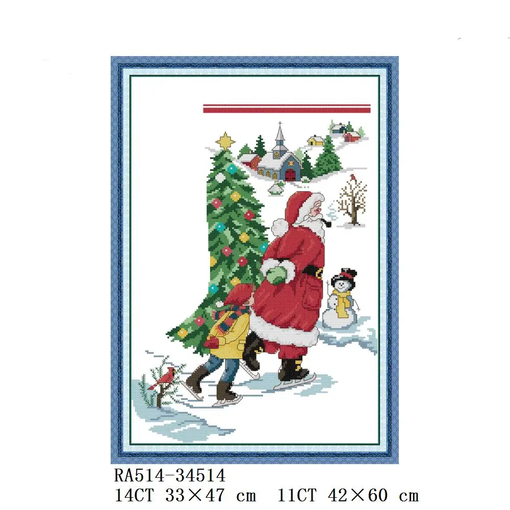 Joy Sunday Cross Stitch Kit, Santa Claus, Merry Christmas, Ice-Skating, Printed Canvas, RA418, RA430, RA513, RA514