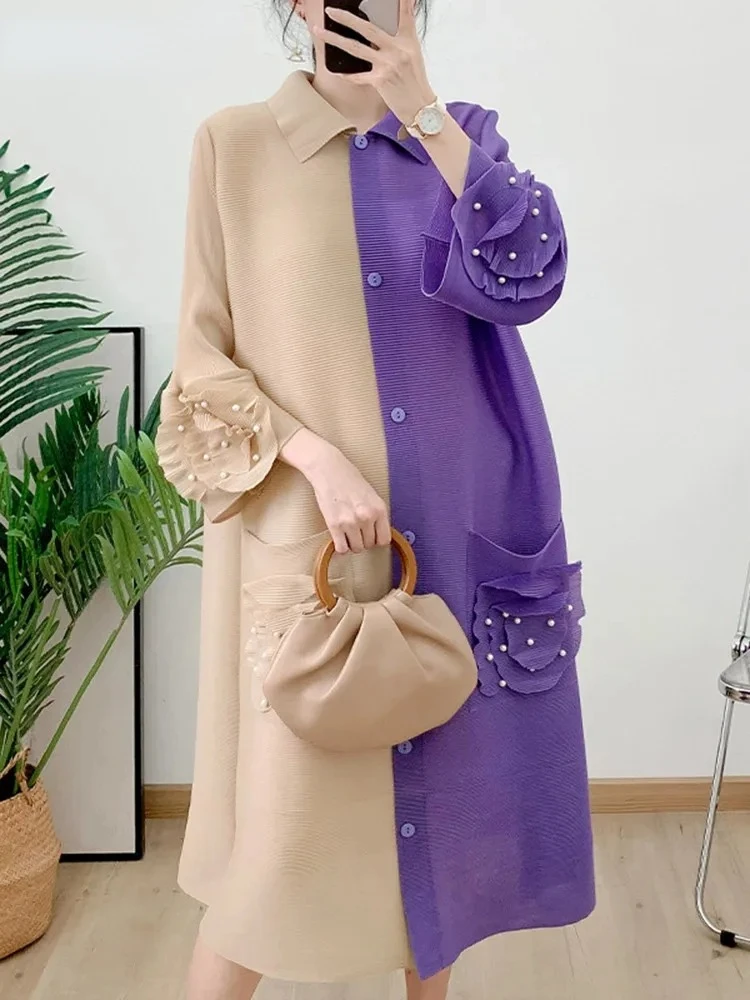 

Женское плиссированное платье с бисером ANLAN, однобортное свободное платье-трапеция средней длины с отложным воротником и длинными рукавами, модель 3YK2959 на лето, 2024