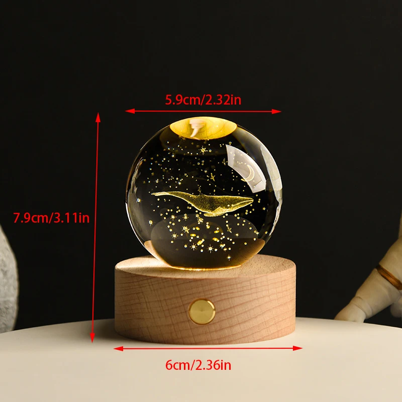 3D 크리스탈 볼 유리 행성 LED 따뜻한 야간 조명 레이저 각인 태양계, 글로브 우주 생일 선물, 나무 베이스, 6cm
