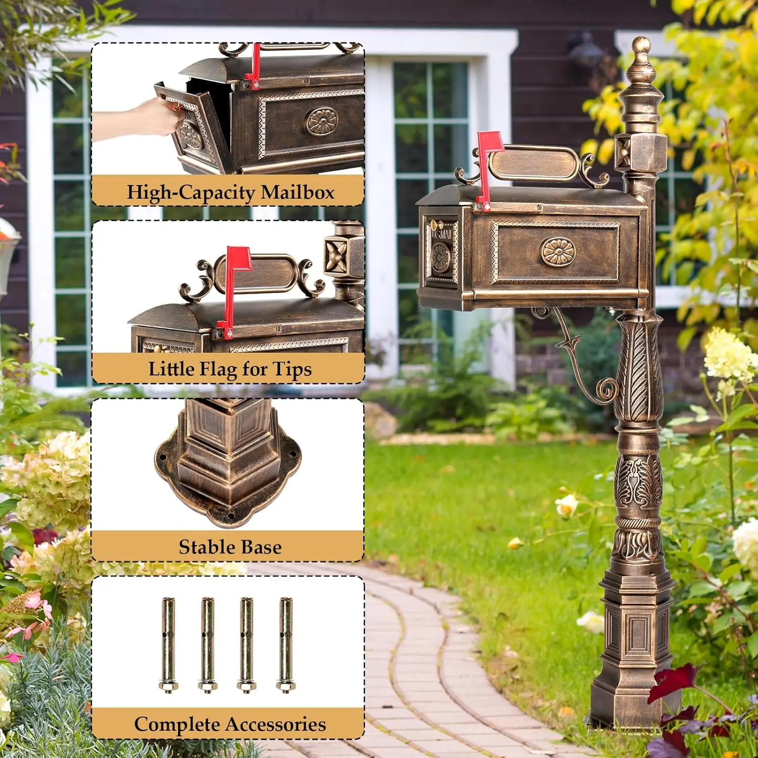 Cast Aluminum Mailbox, Barcelona Decorative Post Mailbox, Rust-Proof Large Security Heavy Duty Mailbox (Bronze)