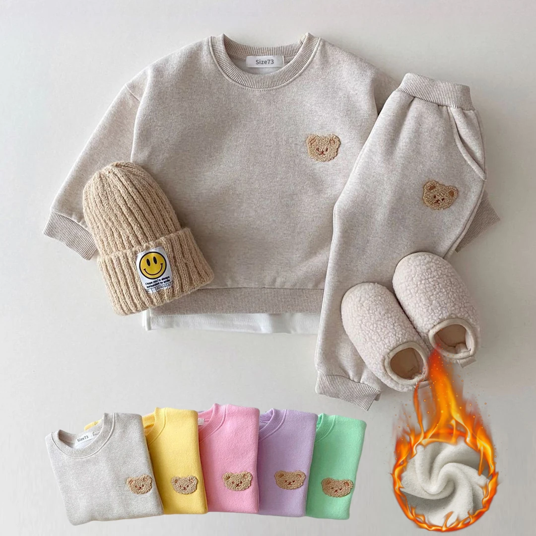 Kids Clothes Set Korean Baby Boys Winter Clothes Sets Warm Bear Velvet Pullover Sweatshirt Tops+Harem Pants Suits 2pcs Girls Fleece Lined Clothes
