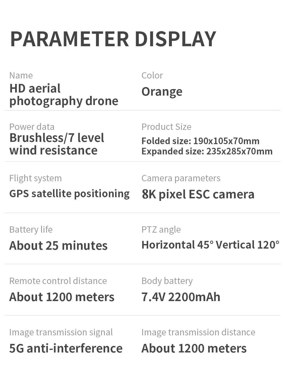 KF102 MAX GPS Drone, PARAMETER DISPLAY Name Color HD aerial Orange photography drone Power data Product size Brush