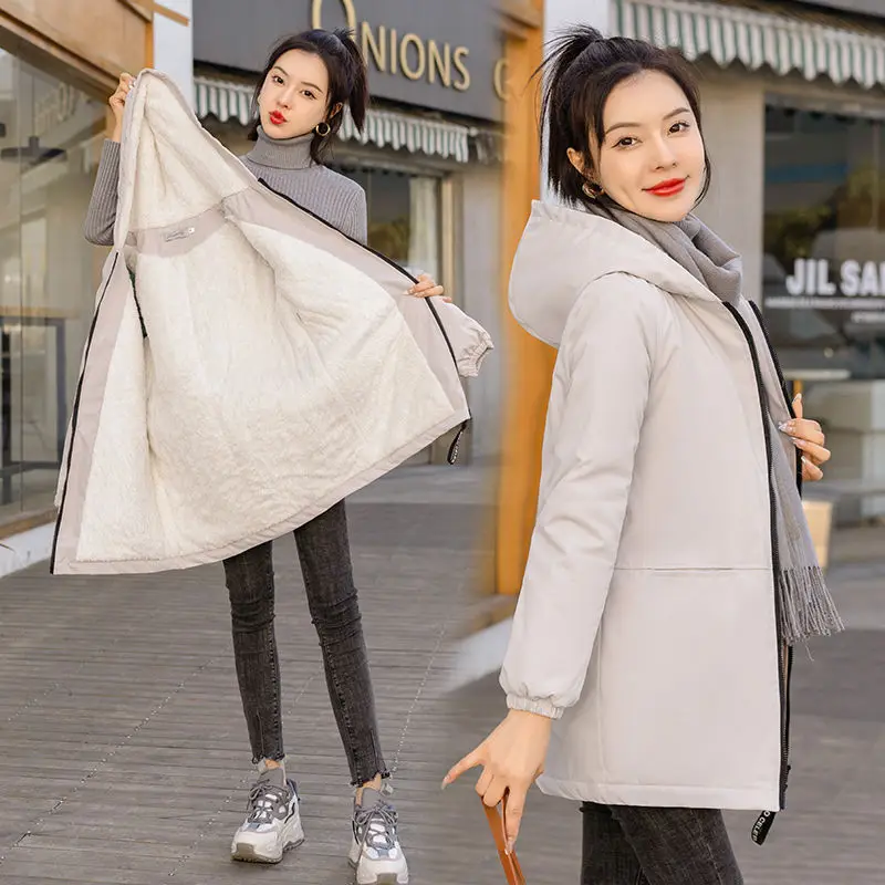 

2023 New Cotton Jacket Women's Warm Velvet Thickened Coat Autumn Winter Fashion Jacket Solid Hooded Zipper Parka Plus Size Style