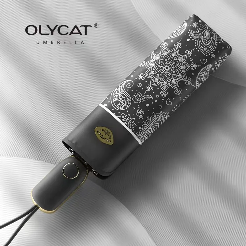 OLYCAT Summer Automatic Umbrella for Women Paisley Style Folding Sun Umbrella Shade UV Protection Flat Parasol Umbrellas UPF50+