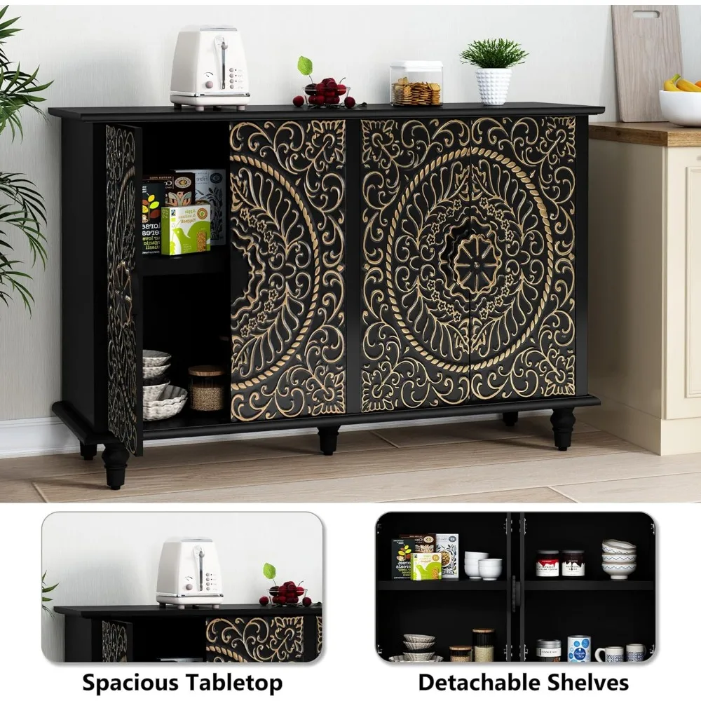 Decorative Sideboard Buffet Cabinet with 4 Doors, Black Accent Storage Cabinet with Carved Flower Pattern, Wood Credenz 6