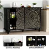 Decorative Sideboard Buffet Cabinet with 4 Doors, Black Accent Storage Cabinet with Carved Flower Pattern, Wood Credenz 6