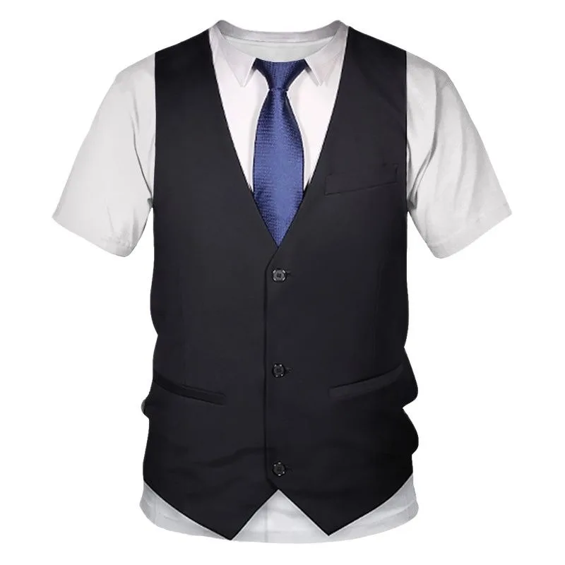 

2023 Men's Funny Summer New T-shirt 3D False Suit Vest Tailcoat Bowtie Round Neck Casual Fashion Short Sleeve Men's Large