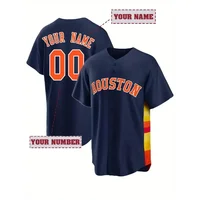 Customized Name And Number Men's Embroidery Baseball Jersey Houston Blue V-Neck Personalized Short Sleeve Button Down Shirts 1