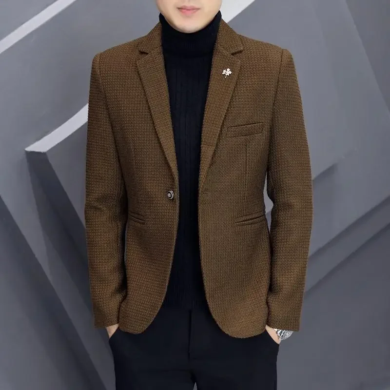 Suit Jacket for Men Winter Fashion Handsome Thick Wool Suit for Men Trend Slim-fit Thick Wool Casual mens blazer