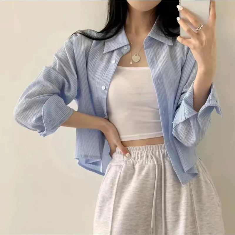 

Шикарные короткие рубашки в голубую полоску, женская дизайнерская рубашка, японская Корейская однобортная верхняя одежда с лацканами и длинным рукавом