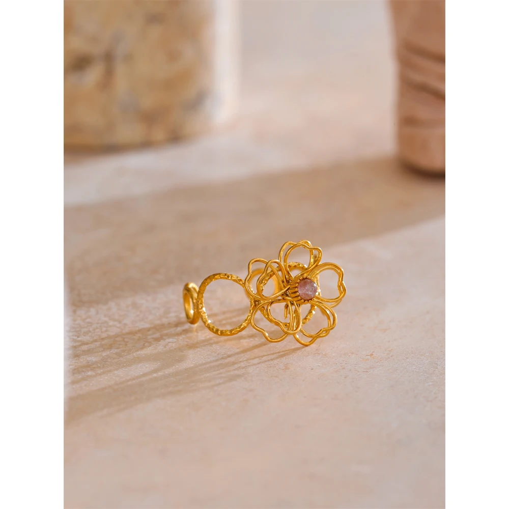 Yhpup Women Stainless Steel Hollow Flower Ring