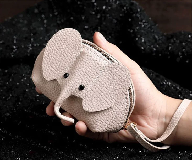 Cartera, llavero, tarjetero creativo, monedero de piel con forma de elefante, con cremallera, bolsa de mano para guardar pintalabios_voghion.com
