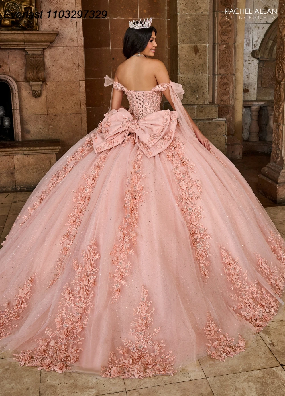 EVLAST Glitter Pink Quinceanera Dress Ball Gown 3D Floral Applique Beading Crystal Bow Corset Sweet 16 Vestido De 15 Anos TQD446