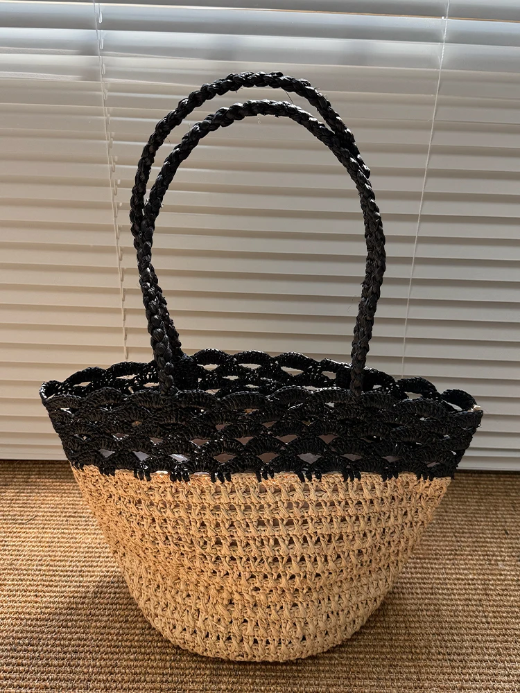 Fashion Lafite Straw Bucket Bag Hollow Rattan Women Handbags Summer Beach Shoulder Crossbody Bag Casual Lady Large Tote