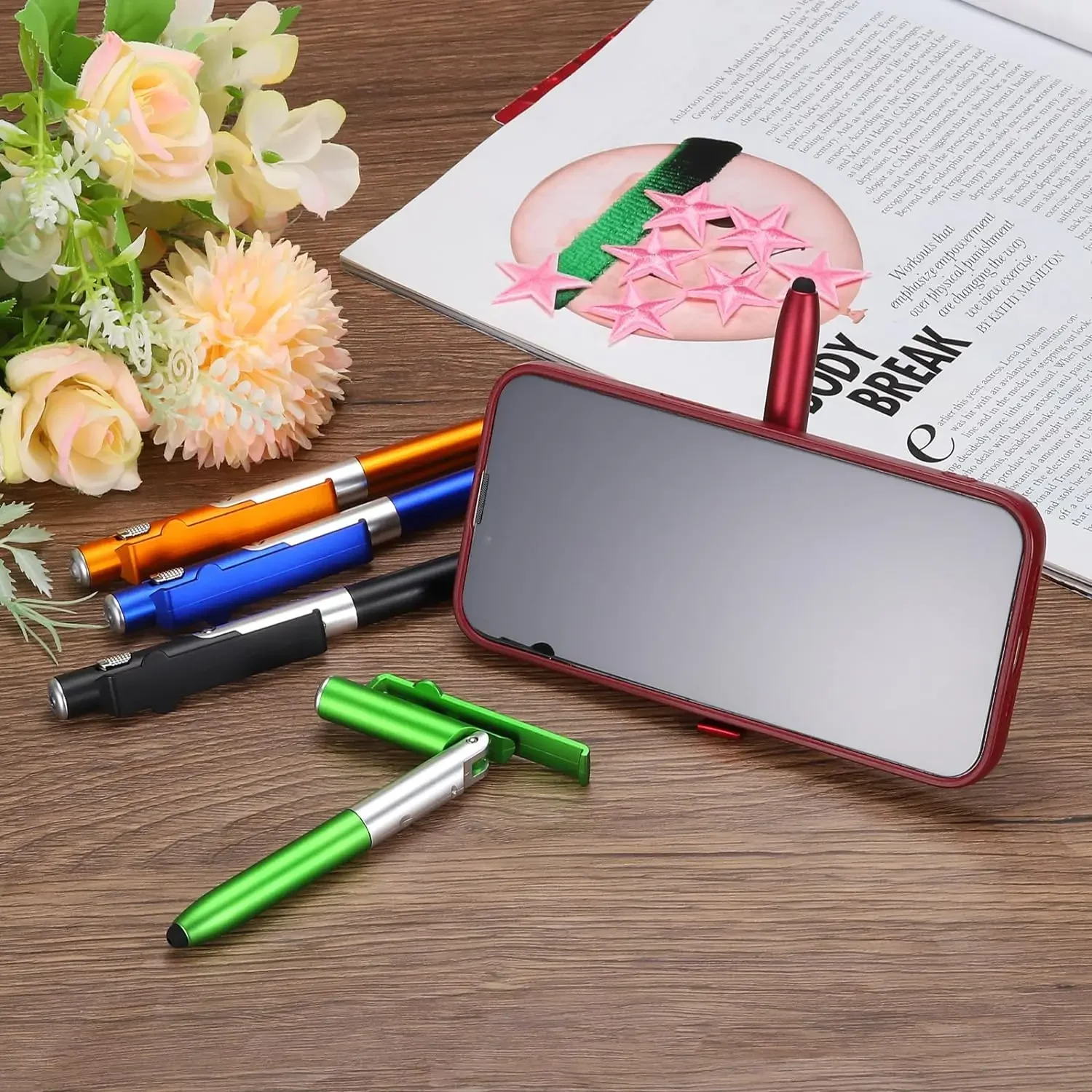 4 In 1 Multifunction Ballpoint Pen With LED Light Fold Phone Holder Night Read Writing Pencil Office School Student Stationery