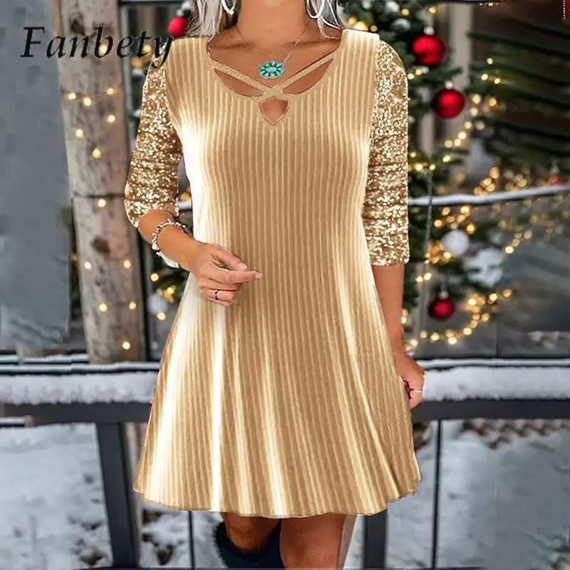 

Casual Sequins Long Sleeve Splicing Mini Dress Ladies Shiny Versatile Pullover Dress Fashion O-Neck Crossed A-Word Party Dresses