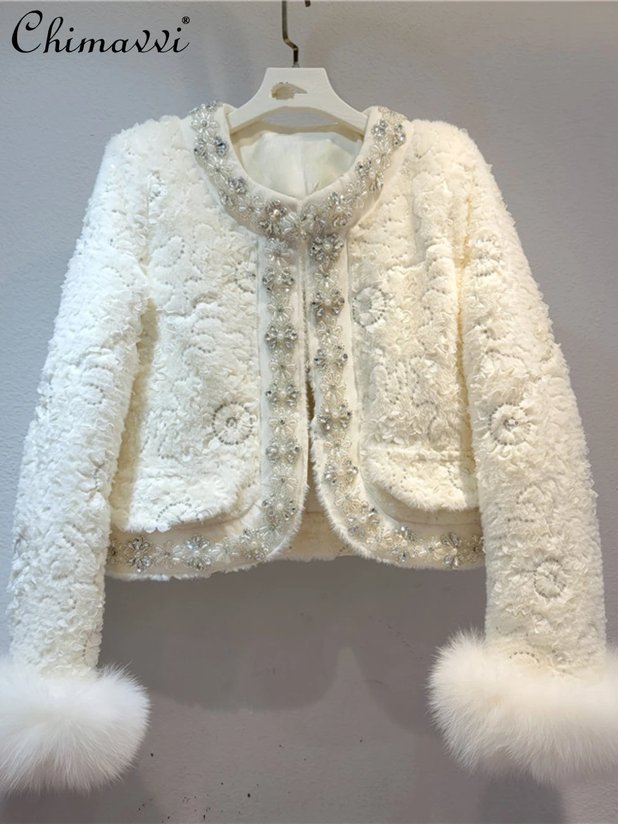 

Зимняя одежда 2023, теплая куртка с длинным рукавом из лисьего меха, украшенная бусинами, модная короткая куртка с длинным рукавом и подкладкой из пуха