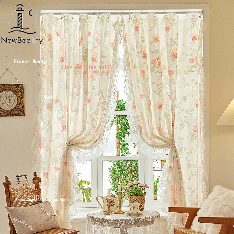 

Pastoral Style Lace Blackout Jacquard Gauze Curtain New Punch-free Curtain Bedroom Window Door Partition Custom Short Curtain