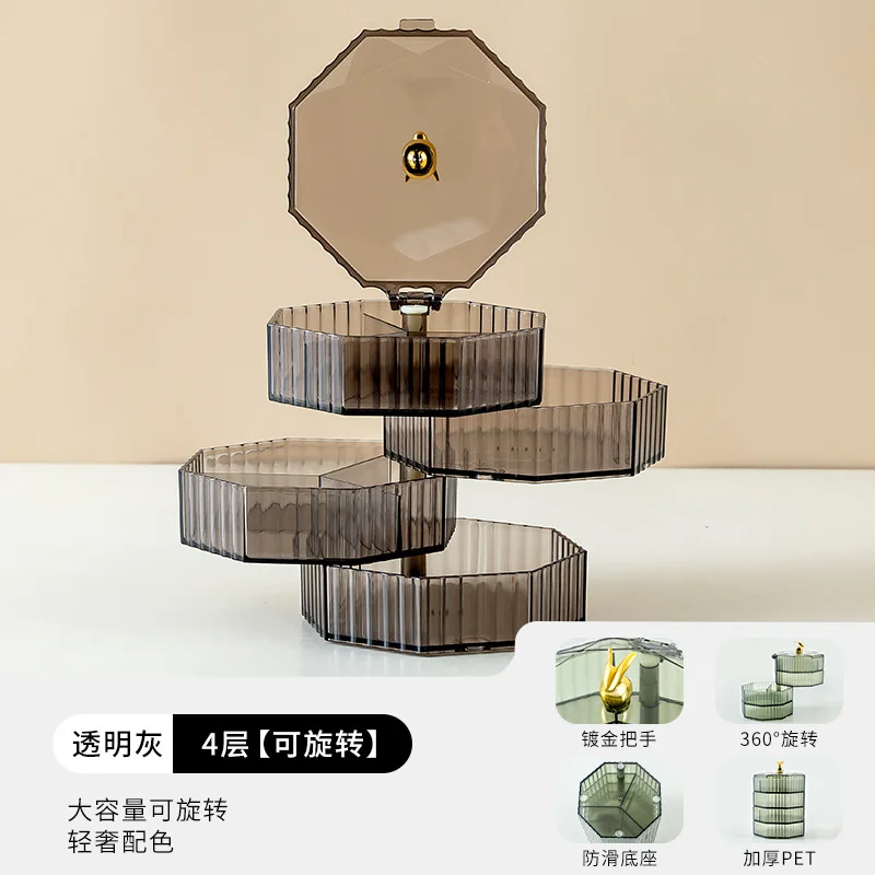 회전 보석 보관 상자 메이크업 보관함 팔찌 귀걸이 라운드 플라스틱 주최자 상자 커버가있는 홀더 디스플레이 랙