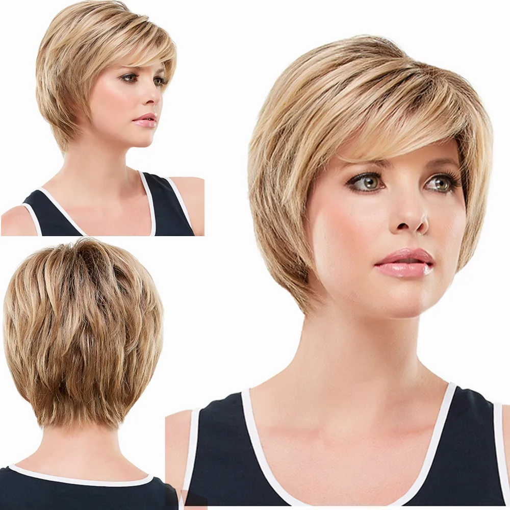 Short Straight Hair Women's Wig European and American Fashion Gold Brown Gradual Fluffy Synthetic Chemical Fiber Head Cover