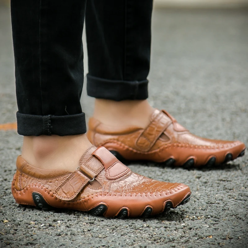 

Туфли мужские из натуральной кожи, дышащие, без застежки, на мягкой подошве, лоферы, повседневная обувь для вождения, лето