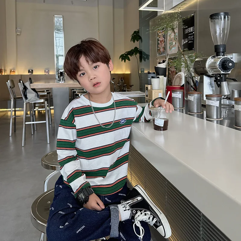 2025 Spring Children Clothes Girls Long Sleeves Bottoming Shirts Cool Boys Stripe Cotton T-shirt Teen Loose Casual 2-7y Kids Top 2