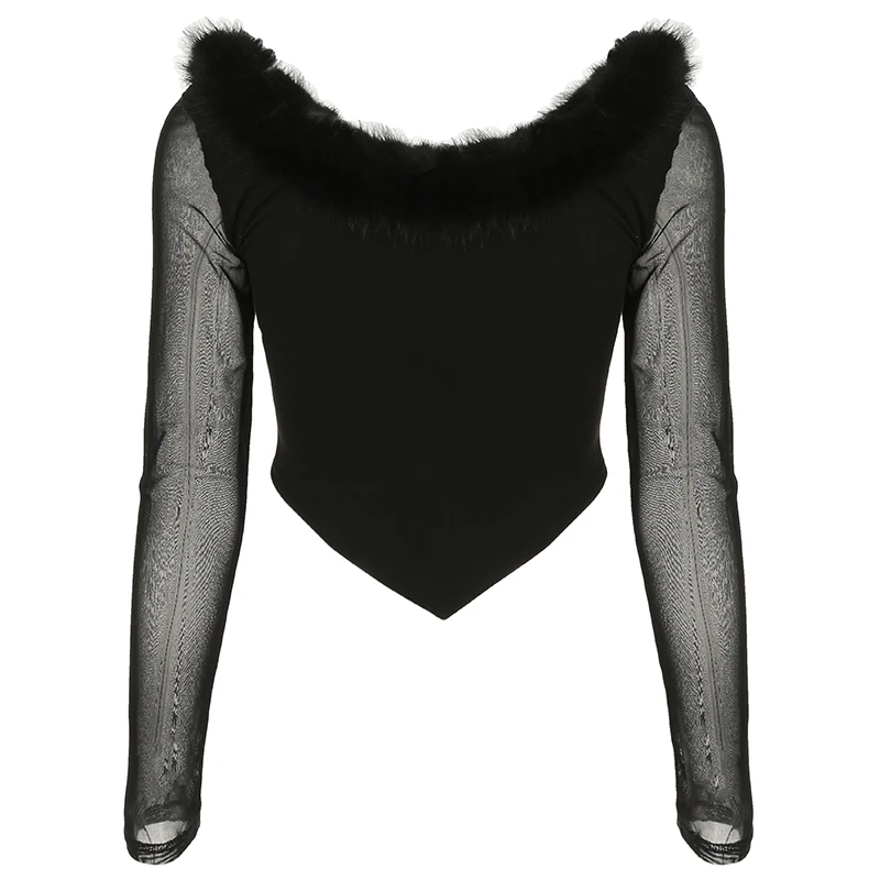 Top corto de cuello redondo peludo con retazos para mujer, camiseta de malla Y2K de manga larga con hebilla de gancho ajustada, conjuntos de moda sexy para dama