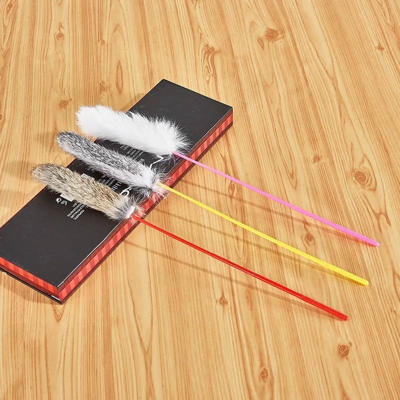 Random Color Tease Cat Stick Faux Rabbit Fur Pompom Plush Pet Interactive Stick Cat Playing Training Toys Pet Supplies - Image 4