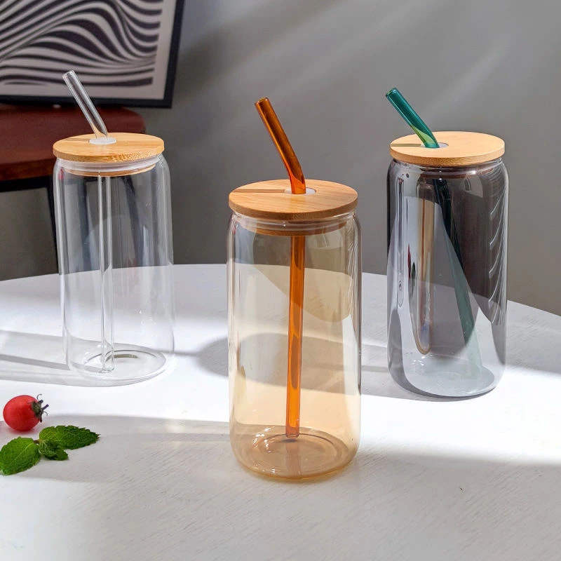 600ML Portable Borosilicate Glass Cup Wooden Lid Straw Water Cup