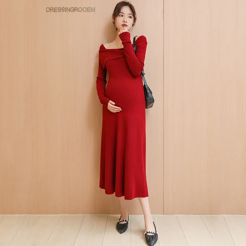 Long Autumn Winter Korean Fashion Knitted Maternity Dress Sexy
