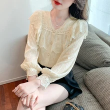 

Spring French Style Women Shirt Temperament Collar Mesh Stitching Lace Shirt Women's Long-sleeved Ladies Shirt Ruffled Tops