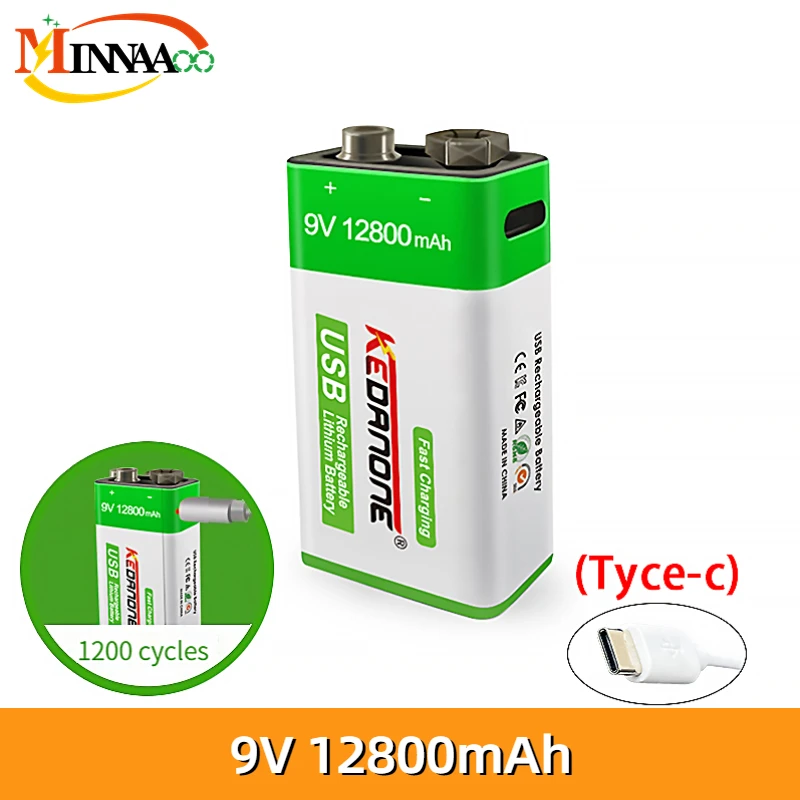 

12800mAh Type-C USB 9V Li-ion Rechargeable Battery Micro Batteries Lithium For Smoke Detector Electric Guitar Multimeter