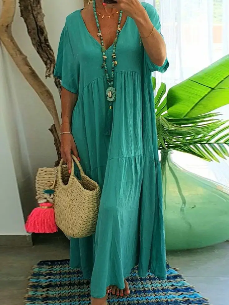 Women's Long Dress Summer New Round Neck Short Sleeve Loose Elegant Maxi  Dress Fashion Solid Combination Vintage Swing Long Dres - AliExpress  200000345