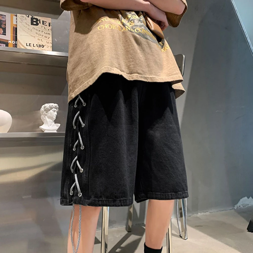 Summer New Webbing Denim Shorts Men's Niche Loose Trendy Brand Retro Jeans Thin Casual Five-Point Pants Y2K Streetwear Fashionab