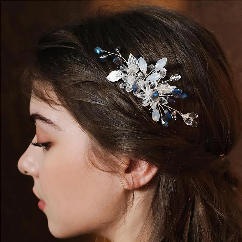 Dreamy Sapphie Blue Color Crystal Handmade Bridal Hair Comb Shiny Alloy Hairpin Clip Fashion Bride Wedding Hair Accessoreis
