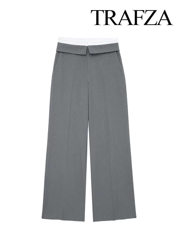 

TRAFZA 2024 Summer Women Fashion Trousers Striped Slim Zipper Fly Long Pants Woman Wild Streetwear Female Straight Wide Leg Pant
