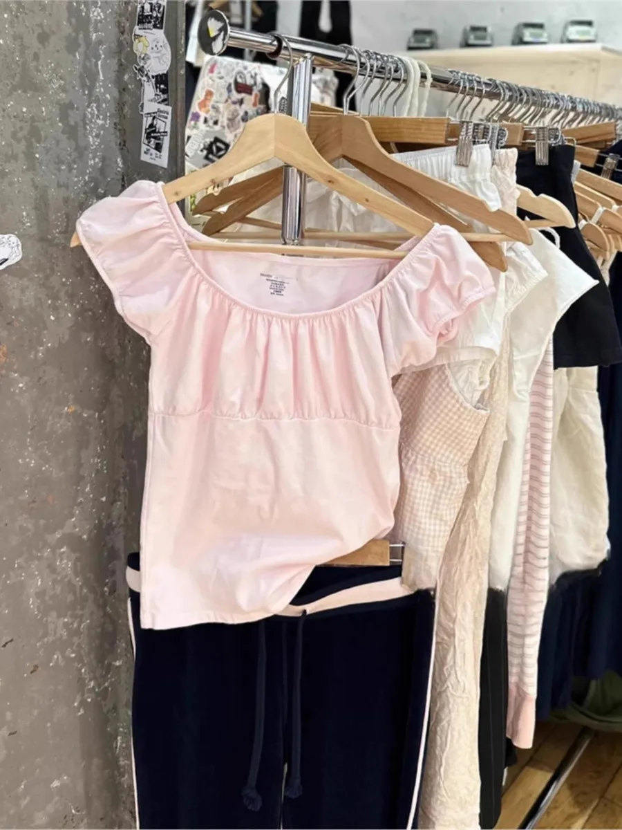 Pink Ruffle Slim Short Sleeve Tee Women Summer Square Collar Cotton Mesh Folds T-shirts Female Aesthetic Sweet Cute Y2K Tops New 5