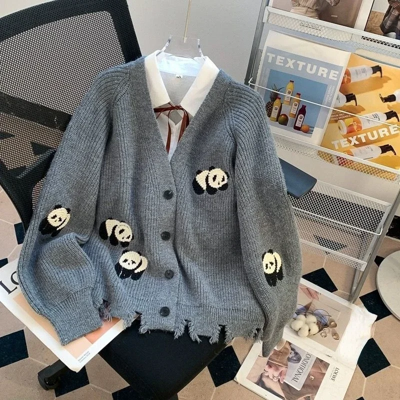 Preppy Style Knitted Cardigan Coat Women Clothing Sueter Mujer Fashion Korean Pull Femme Embroidery Panda Oversized Sweater Tops 4