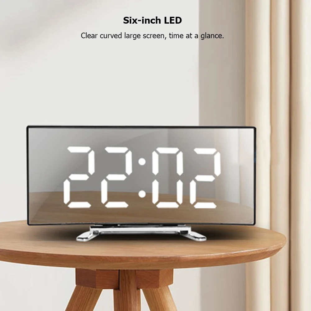 창의적인 LED 곡선 스크린 거울 알람 시계, 대형 디스플레이, 책상 알람 시계, USB 충전, 배터리 전원, 침실용 음소거, 6 인치