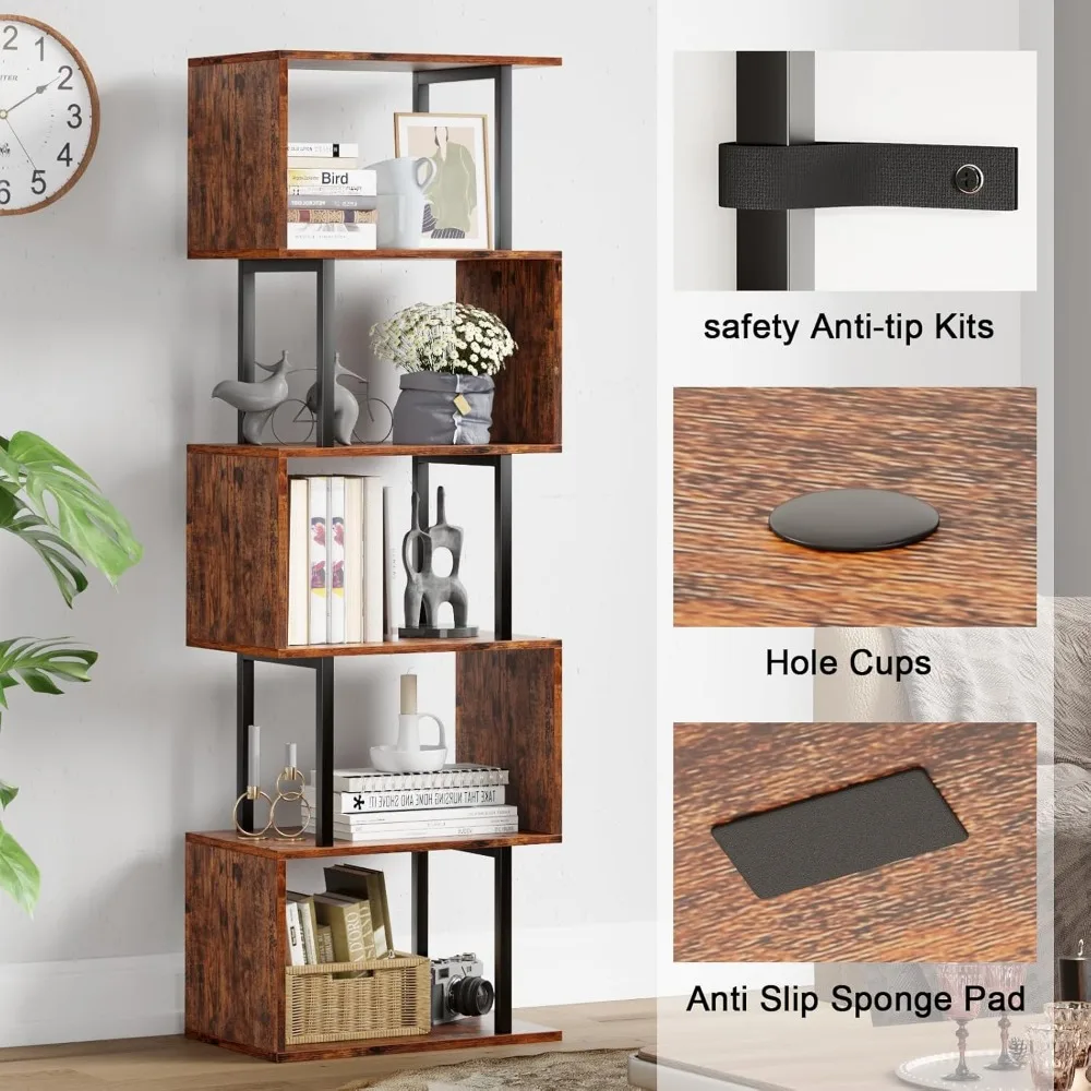 6-Tier Bookshelf, Tall S-Shaped Geometric Bookcase, Industrial Freestanding Display Shelf Unit, Wood Divider for Living Room 6
