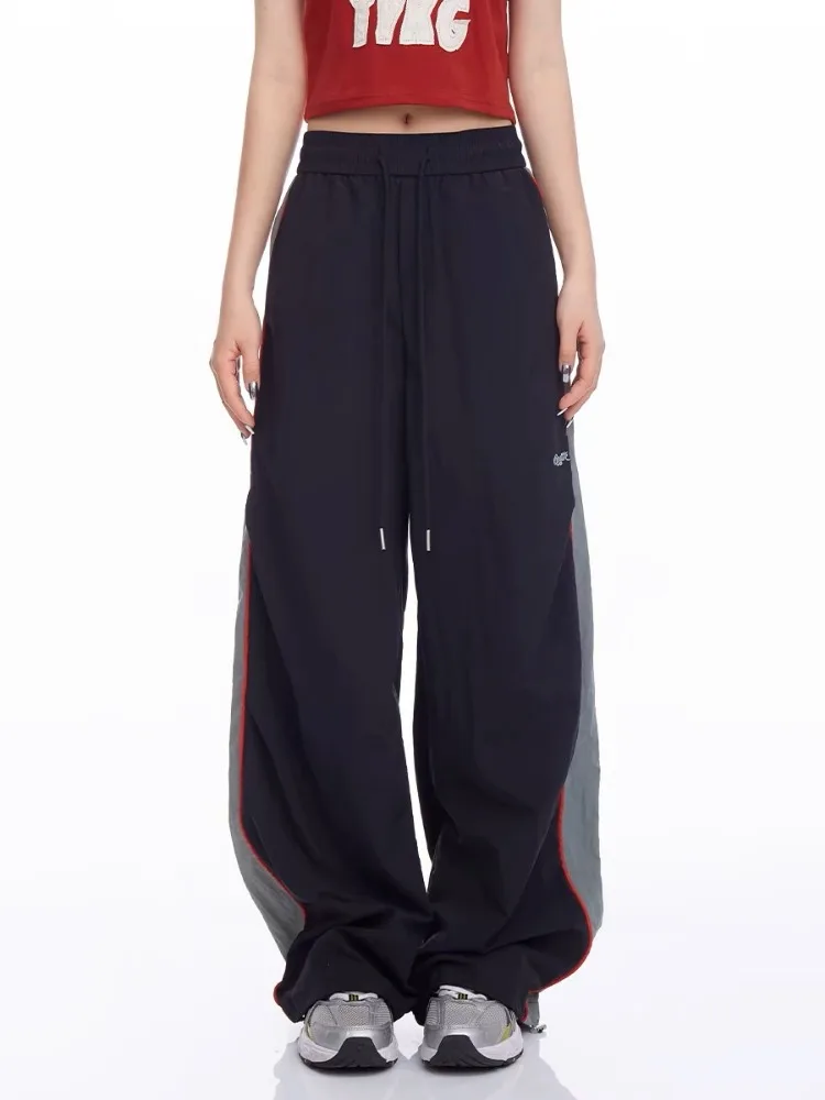 HOUZHOU Khaki Wide Leg Casual Pants Women Vintage Y2k Striped Parachute Trousers Streetwear Baggy Harajuku Black Cargo Pants