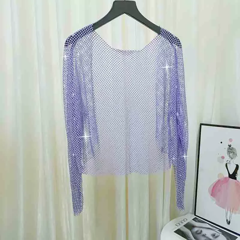 Streetwear Sexy Funkelnden Diamant Kristall Mesh Top Oberbekleidung Frauen T-Shirt Temperament Strickjacke Bodenbildung Shirt Y2K Kleidung – Detail 5
