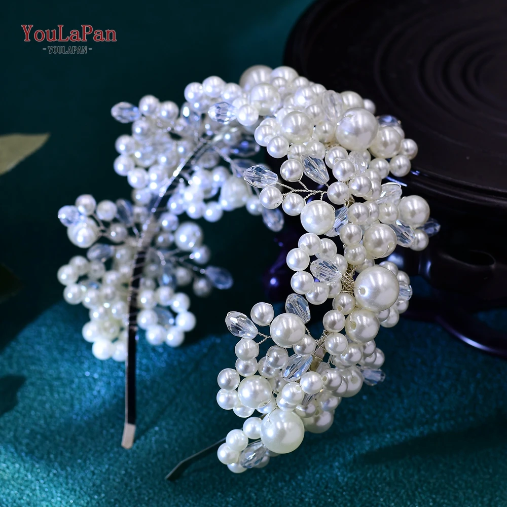 TOPQUEEN Bride Fashion White Faux Pearl Hair Hoop Wedding Crystal Headbands Bridal Headwear Hair Accessories For Party HP674