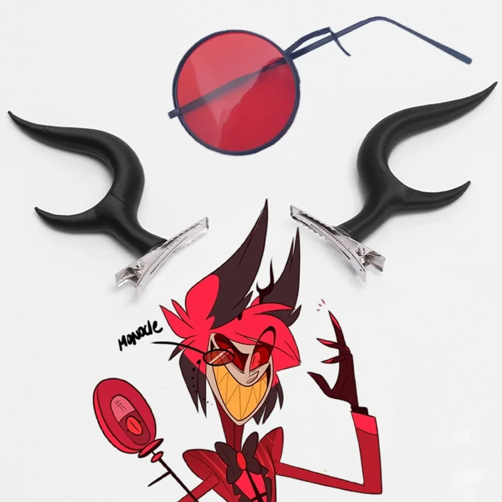 Anime Hazbin Hotel Alastor cosplay accessories Unisex Red Monocular Eyeglass Headwear Antler Horn Hairpin Demon Hair Clip