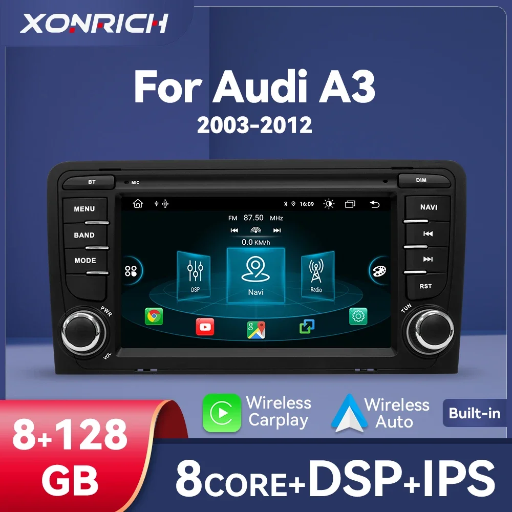 Android 14 128GB inalámbrico Carplay Android Auto reproductor de Radio para coche para Audi A3 2 8P 2003-2013 8 Core navegación GPS Multimedia DSP 1