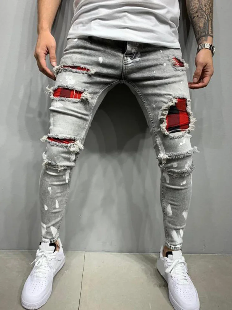 High Quality Fashion Men Painted Stretch Skinny Jeans Slim Fit Ripped Distressed Pleated Knee Patch Casual Men's Brand Clothing 2