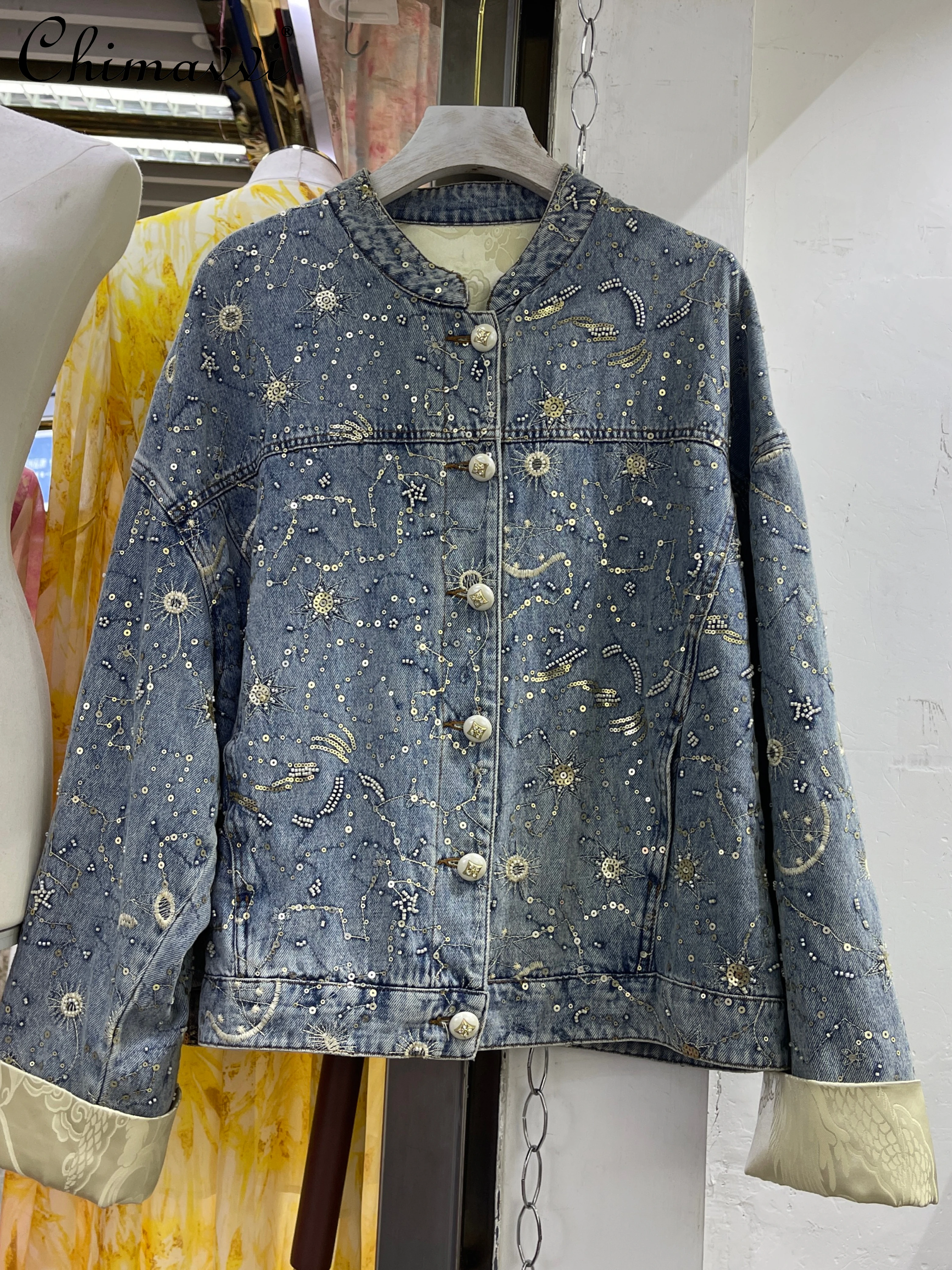 

2024 Spring Clothes New European Hand Beading Pattern Jacquard Denim Jacket Loose Long Sleeve Streetwear Coat Women's Top