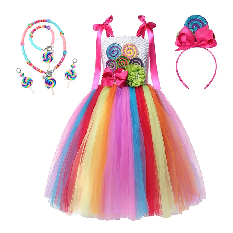 thumbnail image 1 of Disfraz de arcoíris con estampado de piruleta para niños, vestidos de princesa con diadema, ropa de fiesta de cumpleaños y Navidad, 2-10 años, 1 of 5