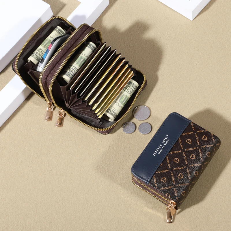 RFID-Schutz Mini Wallet-schickes Kunstleder mit doppeltem Reiß verschluss, mehreren Karten fächern und Slip-Pocket, kompakte klassische Clutch – Detail 14