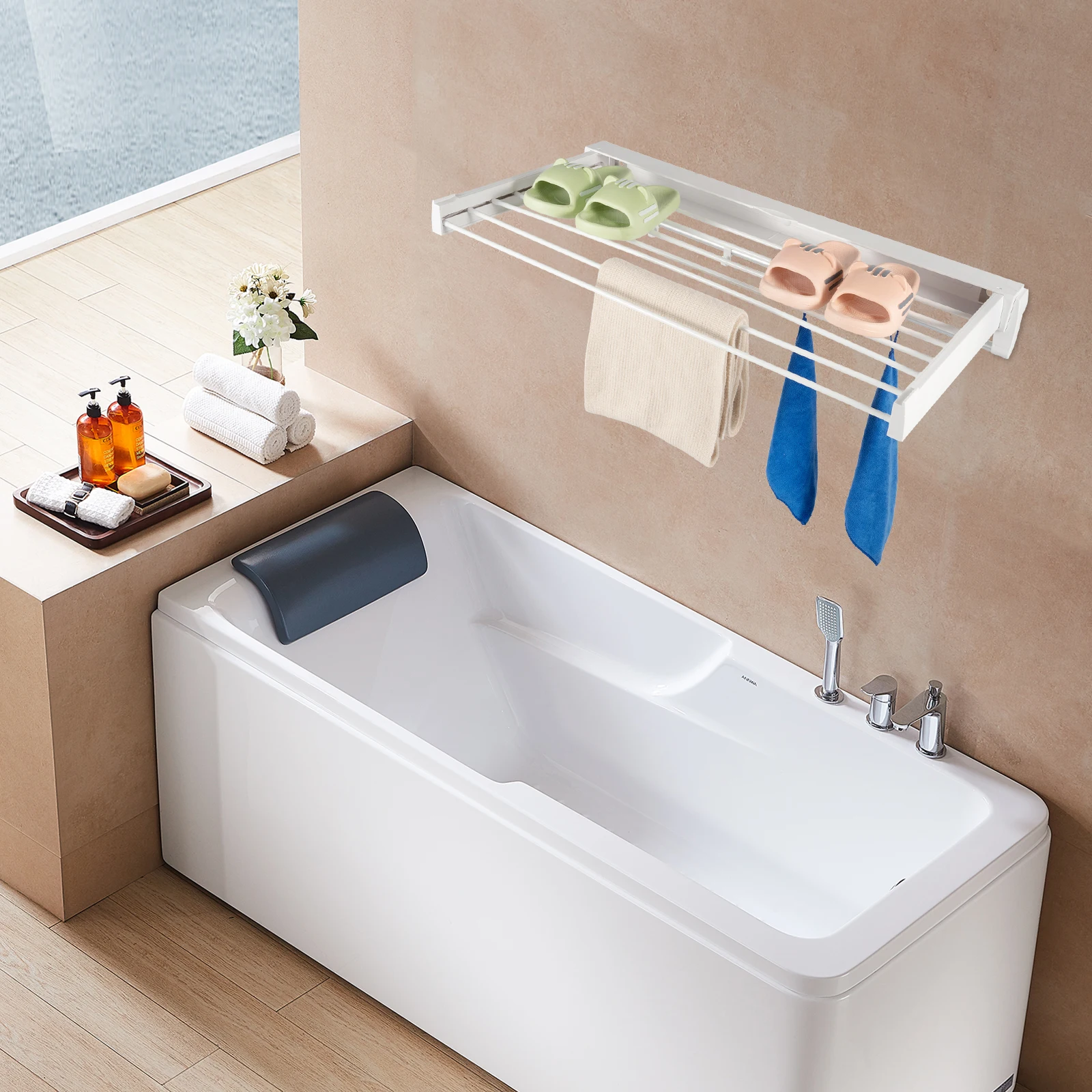 Retractable Clothes Drying Rack Indoor Hanging Wall Mount Folded Rack White For Bathrooms 84*43.5*6cm